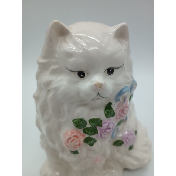 Persian Sitting Cat Planter white blue bow pink roses Tiawan Kitty Kitten - Picture 8 of 8